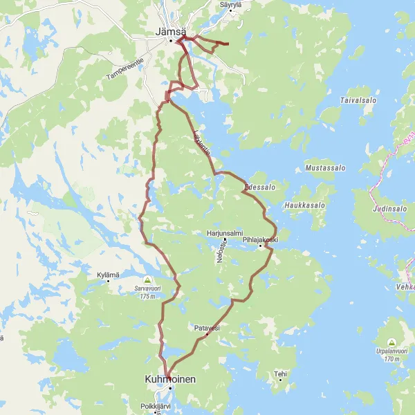 Map miniature of "Exploring Pihlajakoski on a Gravel Adventure" cycling inspiration in Länsi-Suomi, Finland. Generated by Tarmacs.app cycling route planner