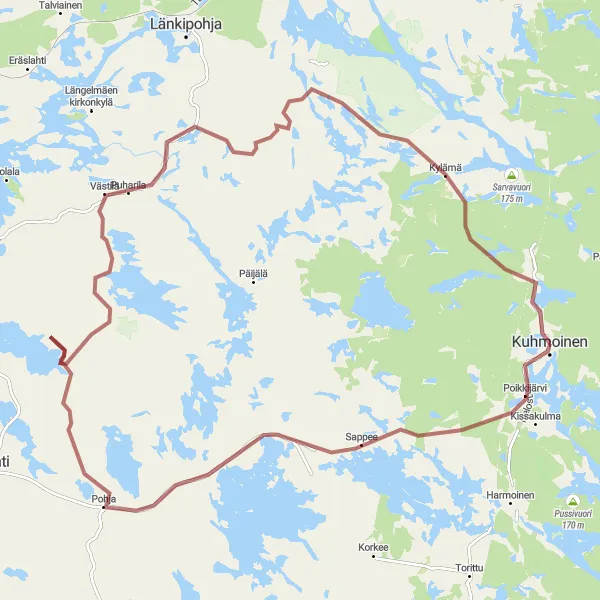 Karttaminiaatyyri "Kuhmoinen - Kannuslahti Gravel Loop" pyöräilyinspiraatiosta alueella Länsi-Suomi, Finland. Luotu Tarmacs.app pyöräilyreittisuunnittelijalla