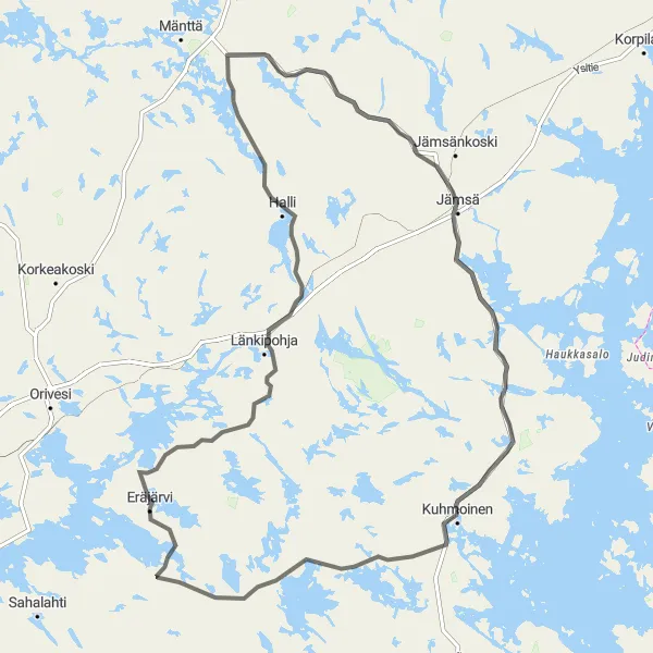 Map miniature of "Scenic Road Cycling Route from Kuhmoinen to Jämsä" cycling inspiration in Länsi-Suomi, Finland. Generated by Tarmacs.app cycling route planner