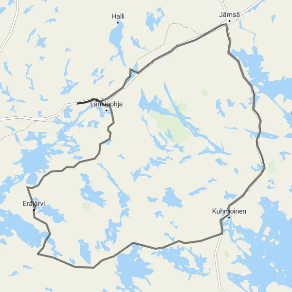 Map miniature of "Kuhmoinen Road Ride" cycling inspiration in Länsi-Suomi, Finland. Generated by Tarmacs.app cycling route planner