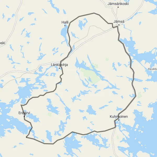 Map miniature of "Kuhmoinen Scenic Loop" cycling inspiration in Länsi-Suomi, Finland. Generated by Tarmacs.app cycling route planner