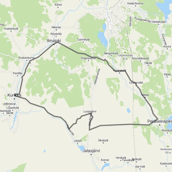 Map miniature of "Exploring Ilmajoki and Luopajärvi" cycling inspiration in Länsi-Suomi, Finland. Generated by Tarmacs.app cycling route planner