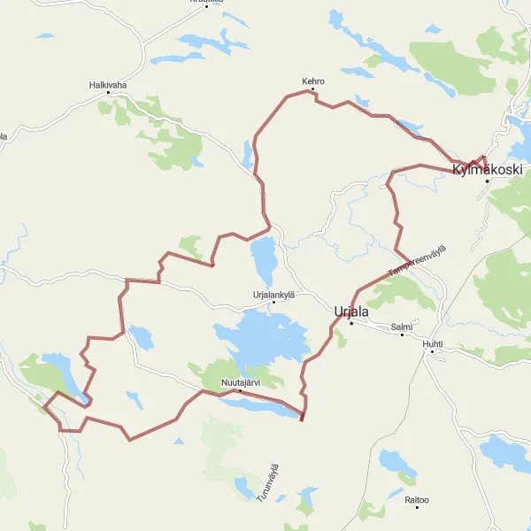 Map miniature of "Kylmäkoski to Urjala and Nuutajärvi Gravel Loop" cycling inspiration in Länsi-Suomi, Finland. Generated by Tarmacs.app cycling route planner