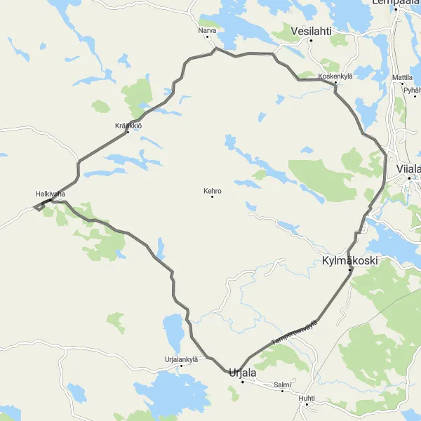 Map miniature of "Kylmäkoski to Urjala, Halkivaha, Keihonen, and Riuttamäen laavu Road Loop" cycling inspiration in Länsi-Suomi, Finland. Generated by Tarmacs.app cycling route planner