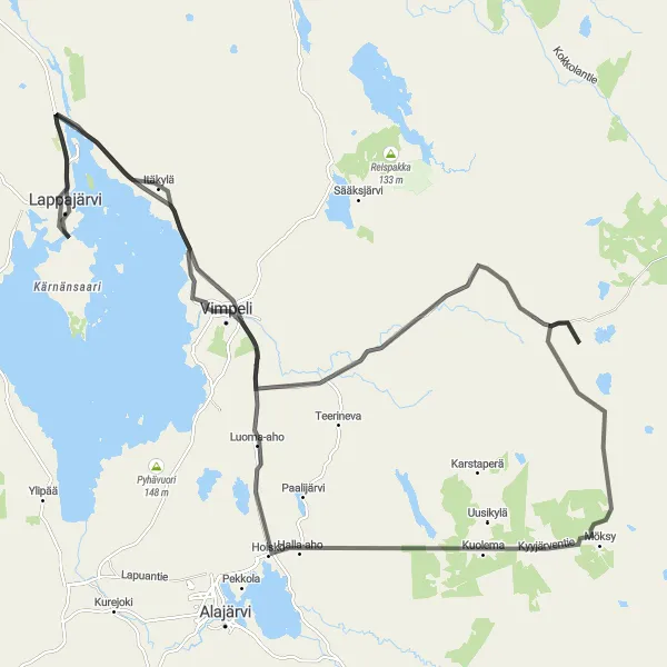 Karttaminiaatyyri "Itä-Suomen kiertäminen pyörällä Lappajärven lähitienoilla" pyöräilyinspiraatiosta alueella Länsi-Suomi, Finland. Luotu Tarmacs.app pyöräilyreittisuunnittelijalla