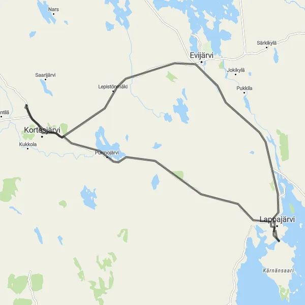 Map miniature of "Lappajärvi Highlights Road Cycling Route" cycling inspiration in Länsi-Suomi, Finland. Generated by Tarmacs.app cycling route planner