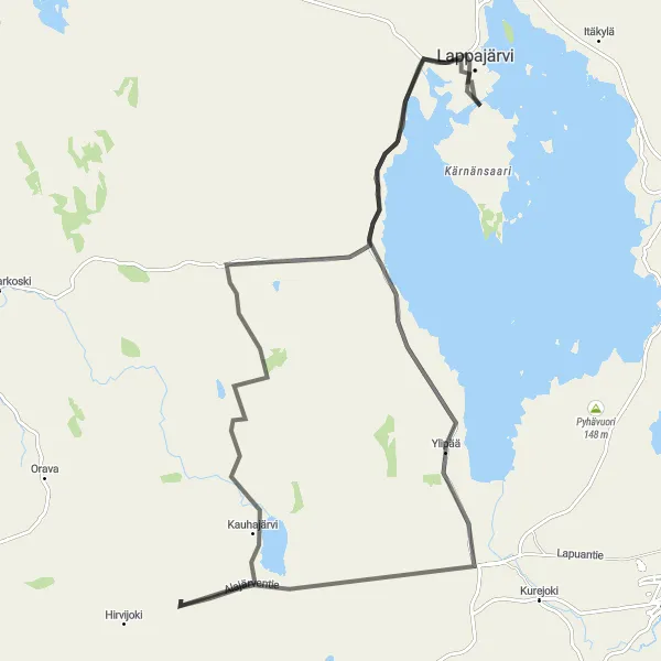 Karttaminiaatyyri "Lappajärvi-Kankaanpää Roundtrip" pyöräilyinspiraatiosta alueella Länsi-Suomi, Finland. Luotu Tarmacs.app pyöräilyreittisuunnittelijalla