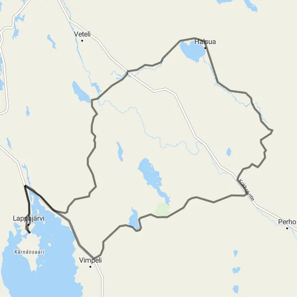 Map miniature of "Lappajärvi Road Loop" cycling inspiration in Länsi-Suomi, Finland. Generated by Tarmacs.app cycling route planner