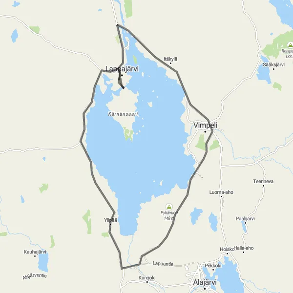 Karttaminiaatyyri "Vimpeli-Lappajärvi Loop" pyöräilyinspiraatiosta alueella Länsi-Suomi, Finland. Luotu Tarmacs.app pyöräilyreittisuunnittelijalla