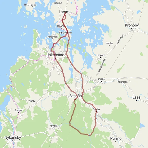 Karttaminiaatyyri "Larsmo - Forsby - Bennäs - Jakobstad - Furuholmen ympäripyöräily" pyöräilyinspiraatiosta alueella Länsi-Suomi, Finland. Luotu Tarmacs.app pyöräilyreittisuunnittelijalla