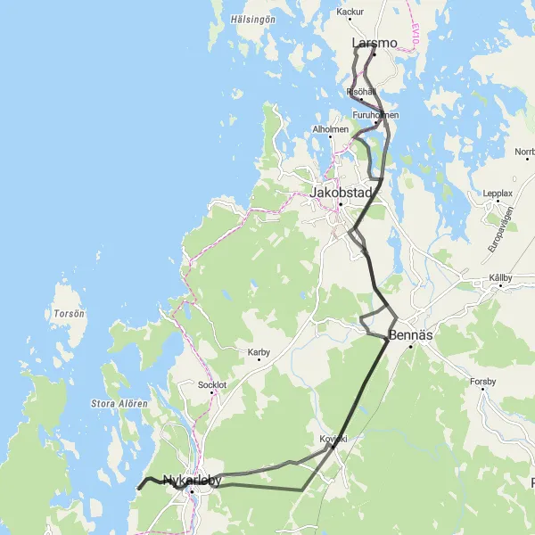 Map miniature of "Larsmo and Nykarleby Road Cycling Route" cycling inspiration in Länsi-Suomi, Finland. Generated by Tarmacs.app cycling route planner