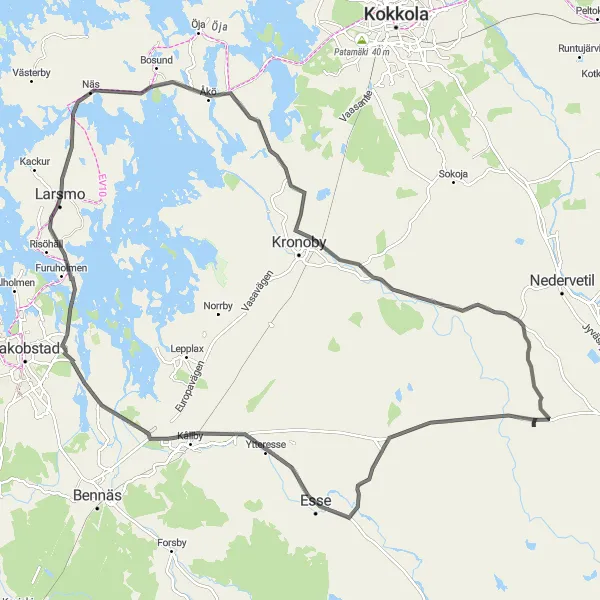 Map miniature of "Larsmo to Esse Loop" cycling inspiration in Länsi-Suomi, Finland. Generated by Tarmacs.app cycling route planner