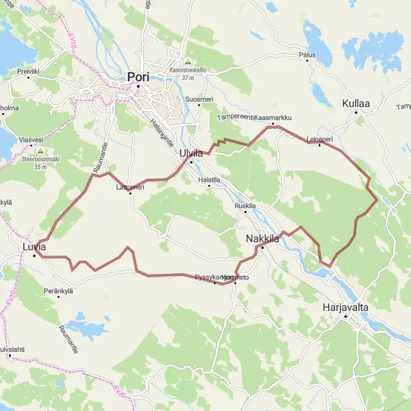 Map miniature of "Ulvila and Beyond" cycling inspiration in Länsi-Suomi, Finland. Generated by Tarmacs.app cycling route planner