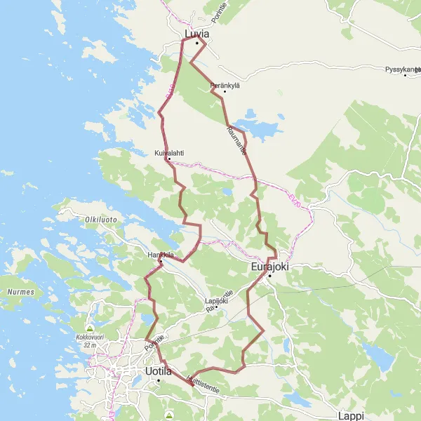 Karttaminiaatyyri "Luvian Gravel Adventure" pyöräilyinspiraatiosta alueella Länsi-Suomi, Finland. Luotu Tarmacs.app pyöräilyreittisuunnittelijalla