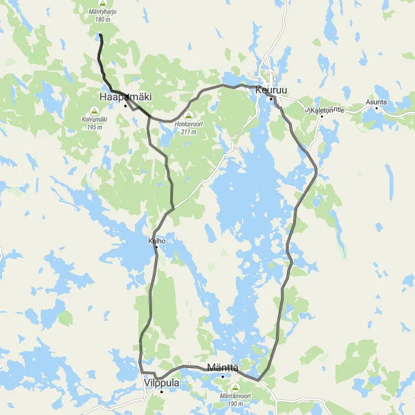 Map miniature of "Picturesque Road Cycling Loop to Kolho, Vilppula, Haapamäki, and Haukkavuori" cycling inspiration in Länsi-Suomi, Finland. Generated by Tarmacs.app cycling route planner