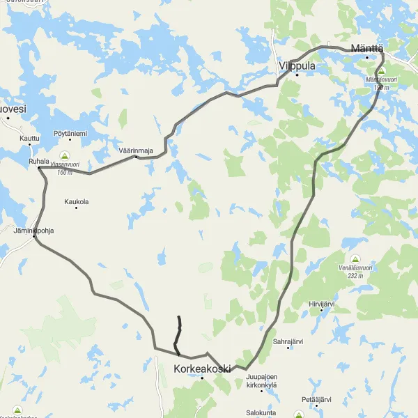 Karttaminiaatyyri "Mäntänvuori Exploration" pyöräilyinspiraatiosta alueella Länsi-Suomi, Finland. Luotu Tarmacs.app pyöräilyreittisuunnittelijalla