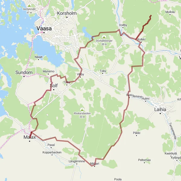 Map miniature of "Coastal Sceneries of Malax" cycling inspiration in Länsi-Suomi, Finland. Generated by Tarmacs.app cycling route planner