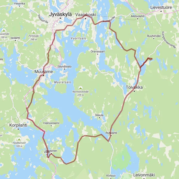 Map miniature of "Muurame Gravel Adventure" cycling inspiration in Länsi-Suomi, Finland. Generated by Tarmacs.app cycling route planner
