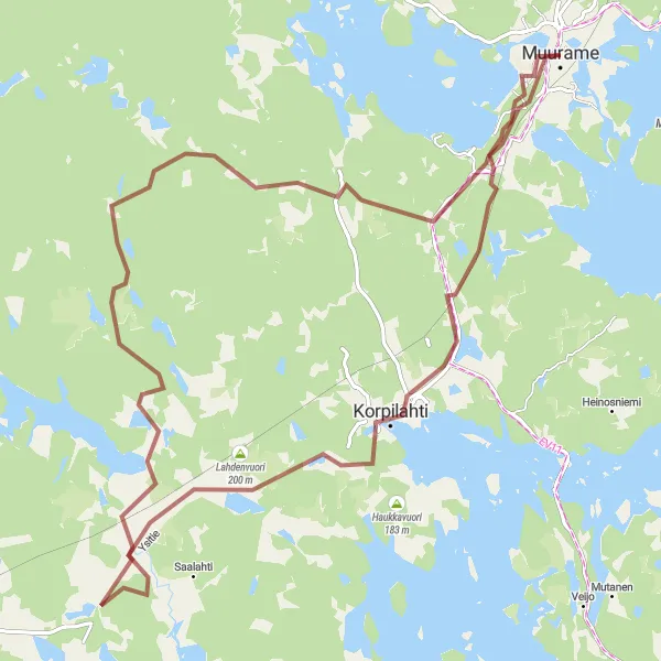 Karttaminiaatyyri "Muurame - Korpilahti - Vehkavuori - Muurame (Sora)" pyöräilyinspiraatiosta alueella Länsi-Suomi, Finland. Luotu Tarmacs.app pyöräilyreittisuunnittelijalla