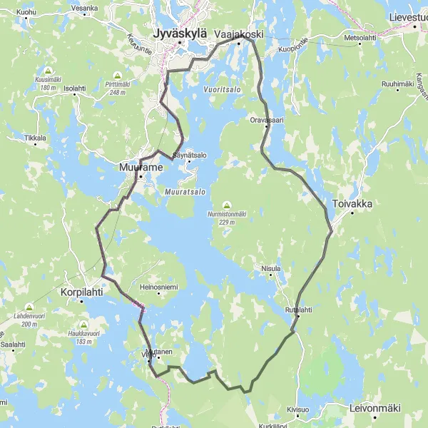 Karttaminiaatyyri "Jyväskylä - Muurame - Rutalahti Loop" pyöräilyinspiraatiosta alueella Länsi-Suomi, Finland. Luotu Tarmacs.app pyöräilyreittisuunnittelijalla