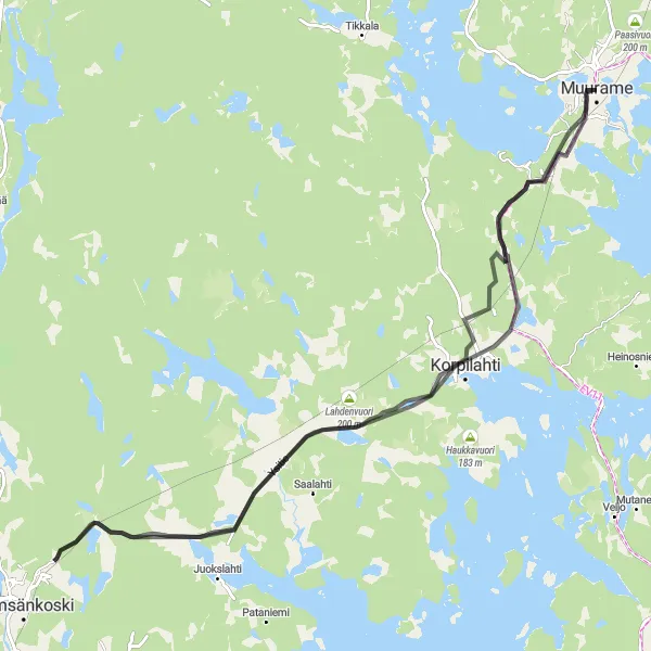 Karttaminiaatyyri "Muurame - Korpilahti - Muurame" pyöräilyinspiraatiosta alueella Länsi-Suomi, Finland. Luotu Tarmacs.app pyöräilyreittisuunnittelijalla