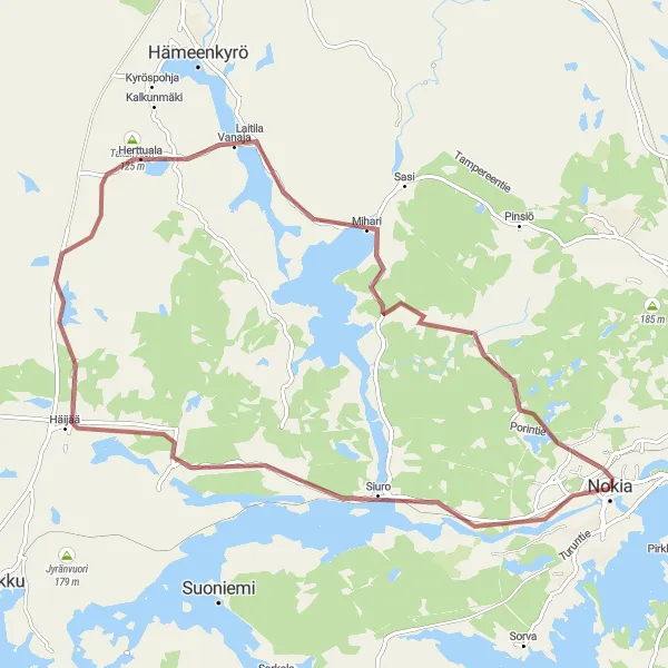 Karttaminiaatyyri "Nokian linturetki" pyöräilyinspiraatiosta alueella Länsi-Suomi, Finland. Luotu Tarmacs.app pyöräilyreittisuunnittelijalla