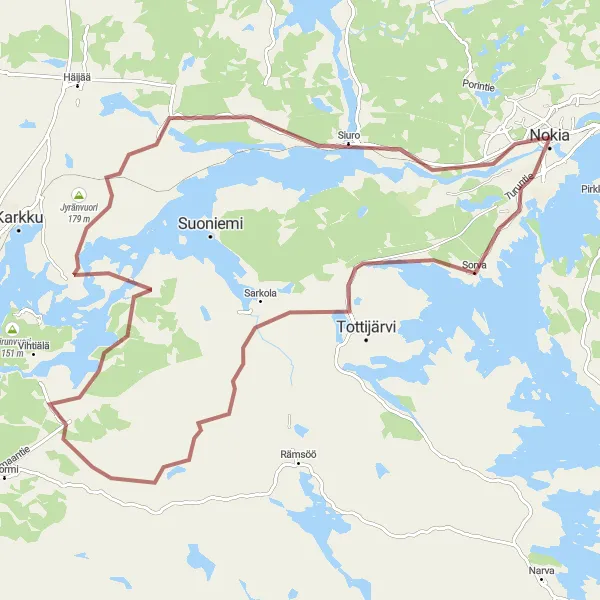 Map miniature of "Exploring Siuro and Lintutorni Gravel Loop" cycling inspiration in Länsi-Suomi, Finland. Generated by Tarmacs.app cycling route planner