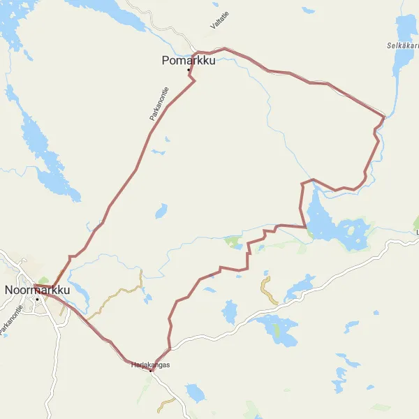 Map miniature of "Noormarkku - Pomarkku - Riuttansalmen leirikeskus - Harjakangas - Finpyy Gravel Route" cycling inspiration in Länsi-Suomi, Finland. Generated by Tarmacs.app cycling route planner