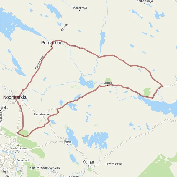 Map miniature of "Noormarkku - Pomarkku - Lassila - Finpyy Gravel Route" cycling inspiration in Länsi-Suomi, Finland. Generated by Tarmacs.app cycling route planner