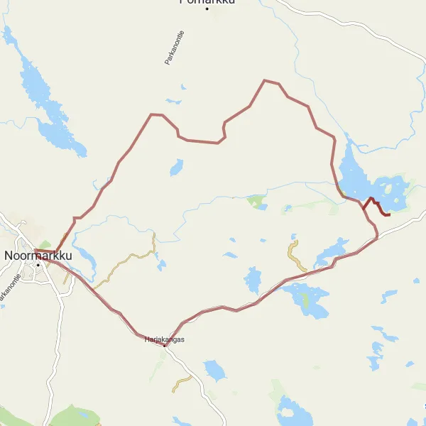 Map miniature of "Noormarkku - Riuttansalmen leirikeskus - Harjakangas - Finpyy Gravel Route" cycling inspiration in Länsi-Suomi, Finland. Generated by Tarmacs.app cycling route planner