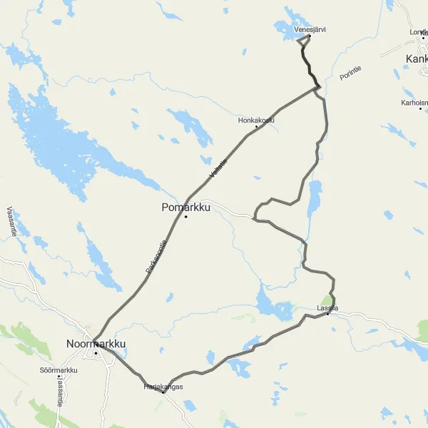 Map miniature of "Noormarkku to Harjakangas" cycling inspiration in Länsi-Suomi, Finland. Generated by Tarmacs.app cycling route planner