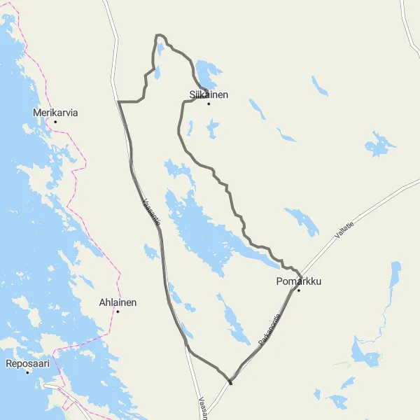 Map miniature of "Noormarkku - Laavu - Siikainen - Pomarkku Road Route" cycling inspiration in Länsi-Suomi, Finland. Generated by Tarmacs.app cycling route planner
