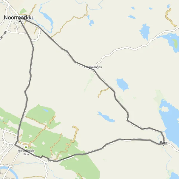 Map miniature of "Noormarkku - Palus - Harjunpää - Kannistonkallio - Finpyy Road Route" cycling inspiration in Länsi-Suomi, Finland. Generated by Tarmacs.app cycling route planner