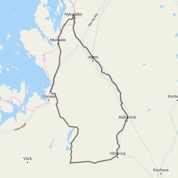 Karttaminiaatyyri "Reitti Nykarlebysta Ylihärmään ja Munsalaan" pyöräilyinspiraatiosta alueella Länsi-Suomi, Finland. Luotu Tarmacs.app pyöräilyreittisuunnittelijalla