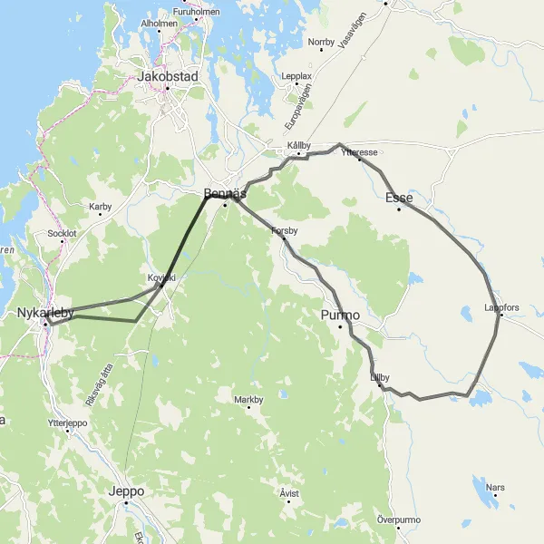 Map miniature of "The Countryside Loop" cycling inspiration in Länsi-Suomi, Finland. Generated by Tarmacs.app cycling route planner