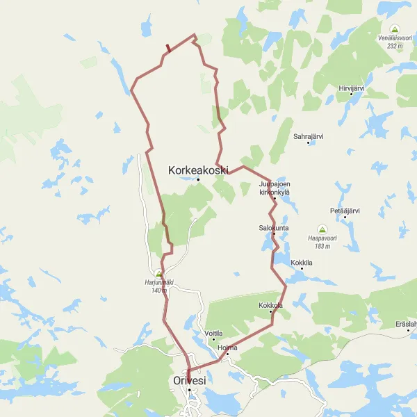 Map miniature of "Orivesi Countryside Ride" cycling inspiration in Länsi-Suomi, Finland. Generated by Tarmacs.app cycling route planner