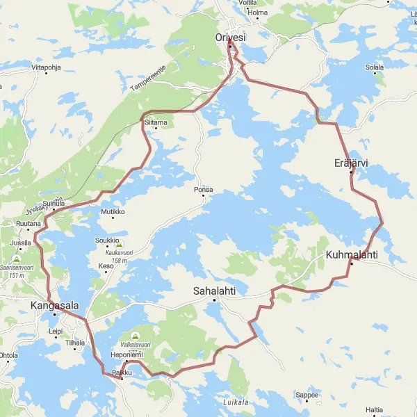 Map miniature of "Orivesi to Eräjärvi Gravel Adventure" cycling inspiration in Länsi-Suomi, Finland. Generated by Tarmacs.app cycling route planner