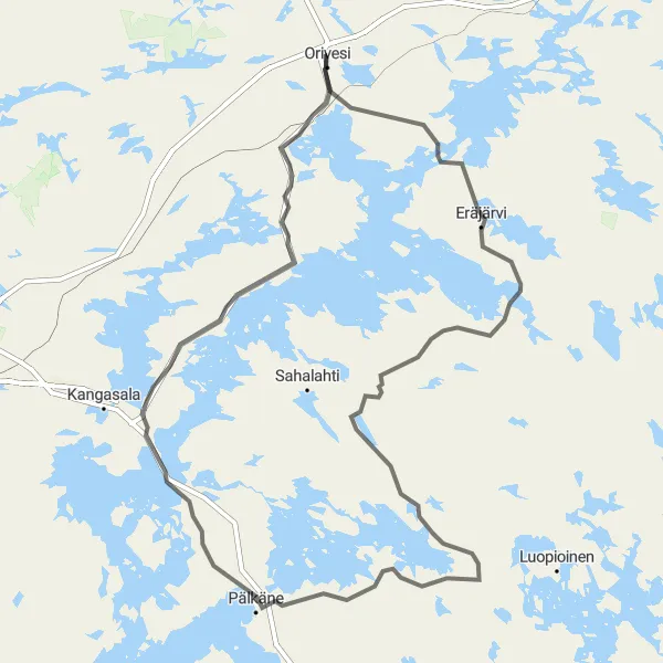 Map miniature of "Scenic Road Cycling Route from Orivesi to Suomatka" cycling inspiration in Länsi-Suomi, Finland. Generated by Tarmacs.app cycling route planner