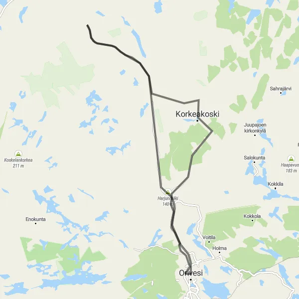 Map miniature of "Picturesque Road Loop from Orivesi to Harjunmäki" cycling inspiration in Länsi-Suomi, Finland. Generated by Tarmacs.app cycling route planner