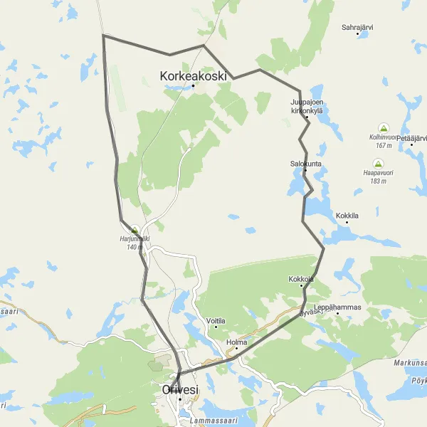 Map miniature of "Orivesi and Holma Loop" cycling inspiration in Länsi-Suomi, Finland. Generated by Tarmacs.app cycling route planner