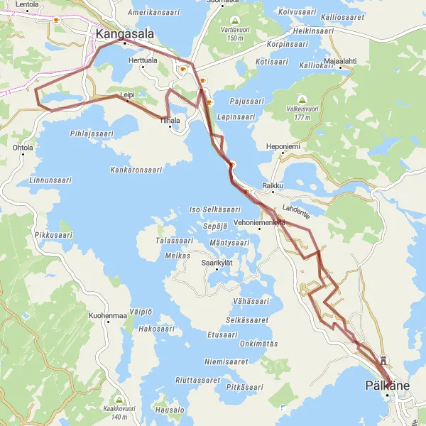 Map miniature of "Pälkäne to Kaivannon kanava to Kangasala to Vehoniemen näkötorni to Pälkäneen rauniokirkko to Pälkäne" cycling inspiration in Länsi-Suomi, Finland. Generated by Tarmacs.app cycling route planner