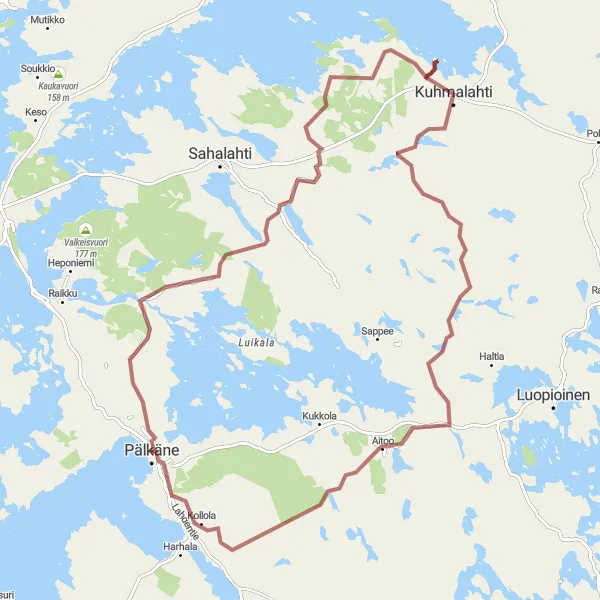 Map miniature of "Kuhmalahti and Asevelikylä Adventure" cycling inspiration in Länsi-Suomi, Finland. Generated by Tarmacs.app cycling route planner