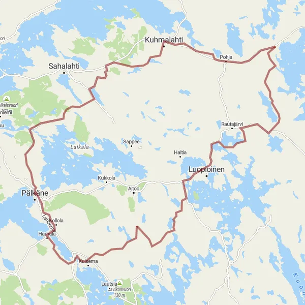 Map miniature of "Pälkäne to Kuhmalahti to Pohja to Asevelikylä" cycling inspiration in Länsi-Suomi, Finland. Generated by Tarmacs.app cycling route planner