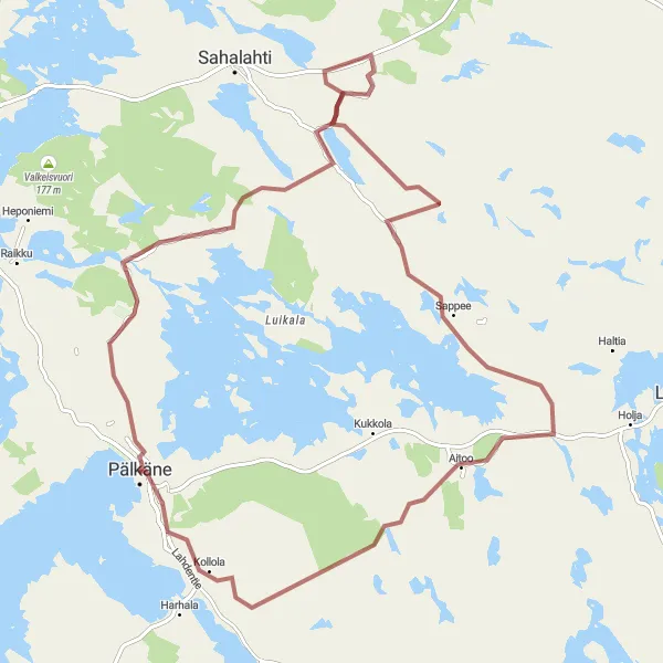 Map miniature of "Pälkäne to Sappee to Aitoo to Asevelikylä to Pälkäne" cycling inspiration in Länsi-Suomi, Finland. Generated by Tarmacs.app cycling route planner