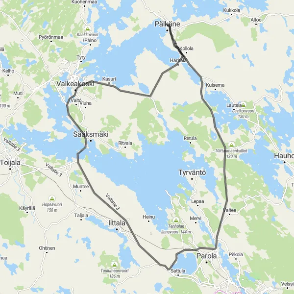 Map miniature of "Pälkäne to Valtianmäki to Mierola to Isomäki to Valkeakoski toPälkäne" cycling inspiration in Länsi-Suomi, Finland. Generated by Tarmacs.app cycling route planner