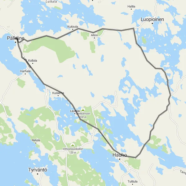 Karttaminiaatyyri "Aitoo - Vuorenharjun Näköalatorni - Hauho" pyöräilyinspiraatiosta alueella Länsi-Suomi, Finland. Luotu Tarmacs.app pyöräilyreittisuunnittelijalla