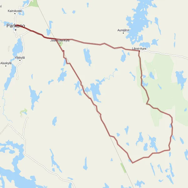 Karttaminiaatyyri "Länsi-Aure - Koveron perinnetila - Parkano" pyöräilyinspiraatiosta alueella Länsi-Suomi, Finland. Luotu Tarmacs.app pyöräilyreittisuunnittelijalla