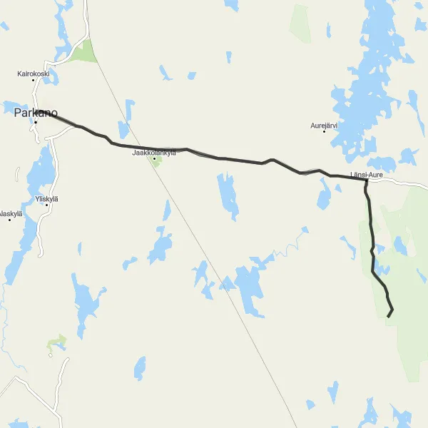 Karttaminiaatyyri "Länsi-Aure - Koveron perinnetila - Parkano" pyöräilyinspiraatiosta alueella Länsi-Suomi, Finland. Luotu Tarmacs.app pyöräilyreittisuunnittelijalla