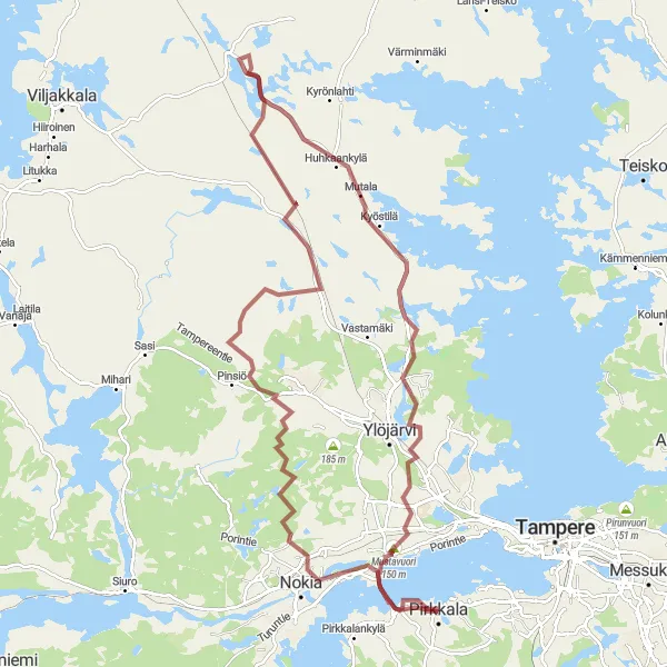 Map miniature of "Pirkkala to Rantaniitty Circuit" cycling inspiration in Länsi-Suomi, Finland. Generated by Tarmacs.app cycling route planner