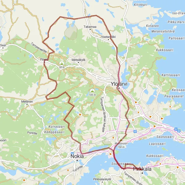 Map miniature of "Pirkkala to Mustavuori Loop" cycling inspiration in Länsi-Suomi, Finland. Generated by Tarmacs.app cycling route planner